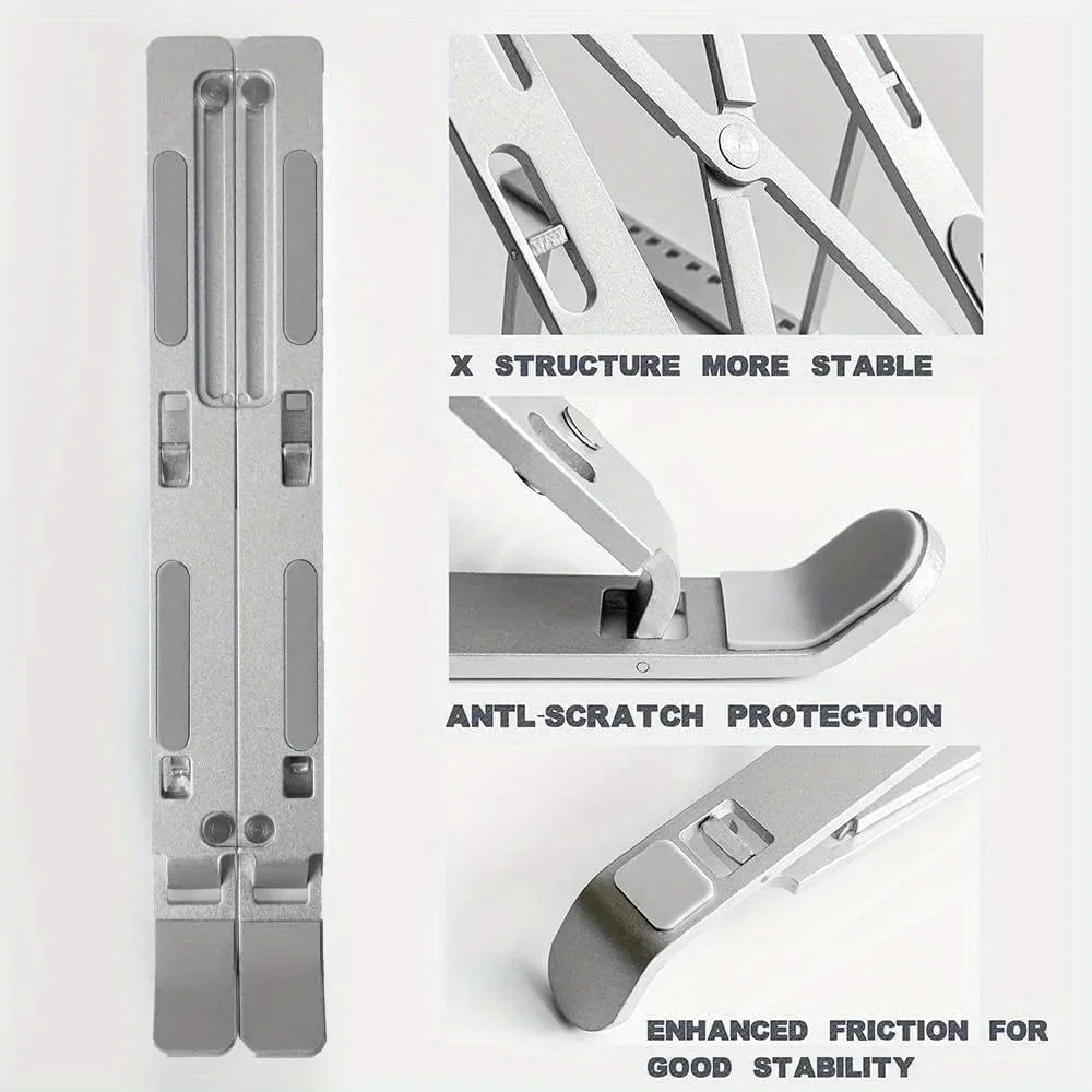 A set of aluminum laptop stands showing various angles and features like structure stability, anti-scratch protection, and en