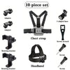 A 10-piece set of adjustable mounts including an adapter, J-shaped base, chest strap, headband, and rotating brackets.