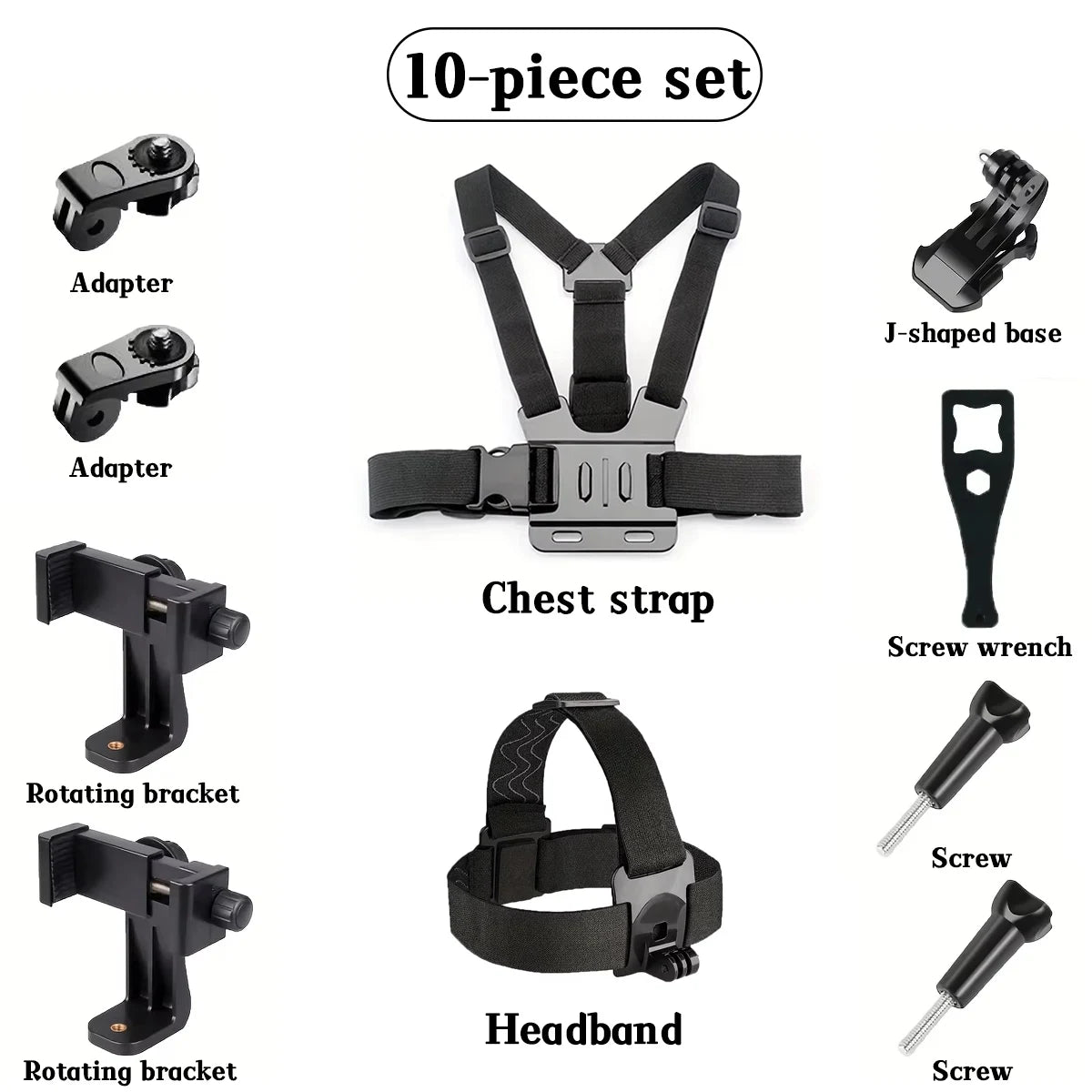 A 10-piece set of adjustable mounts including an adapter, J-shaped base, chest strap, headband, and rotating brackets.