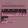 A close-up view of a pink mechanical keyboard keycap set with various labeled profiles and options.