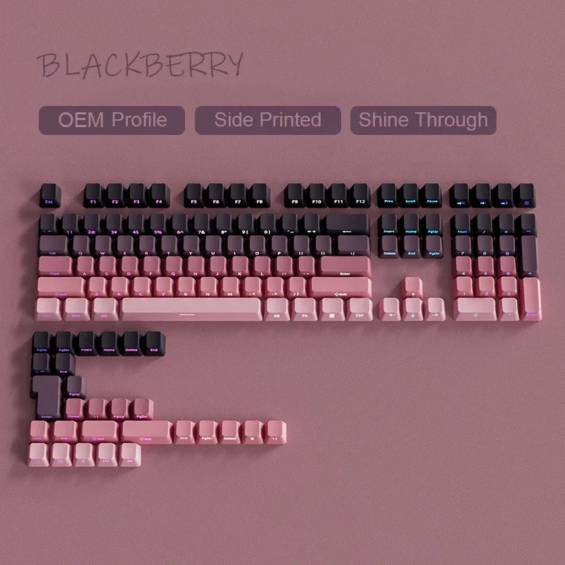 A close-up view of a pink mechanical keyboard keycap set with various labeled profiles and options.