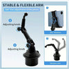 A black adjustable arm for phones and tablets showing 360 degree rotation and adjustment knobs.