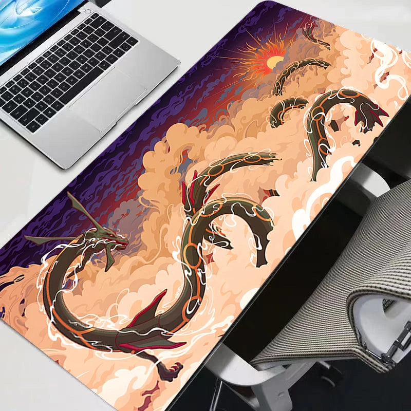 An XXL Gengar gaming mouse pad desk mat featuring a vibrant orange and purple dragon print on a white surface.