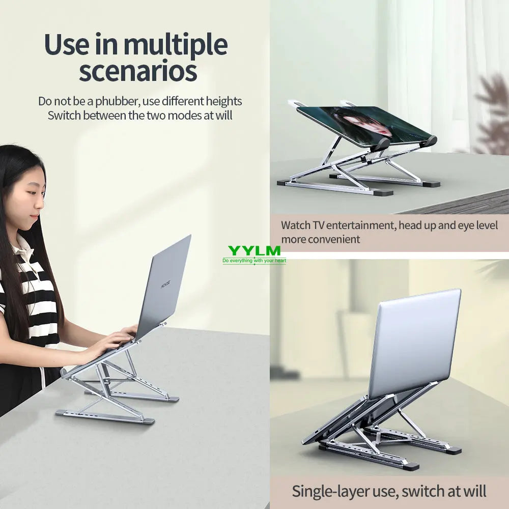 An adjustable aluminum laptop stand shown in multiple configurations for convenient viewing and use.