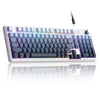 A white membrane keyboard with RGB backlighting and a black wired cable is shown on a reflective surface.