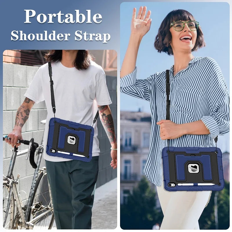 A woman is shown using a portable shoulder strap with a blue and black protective case for an Apple iPad.