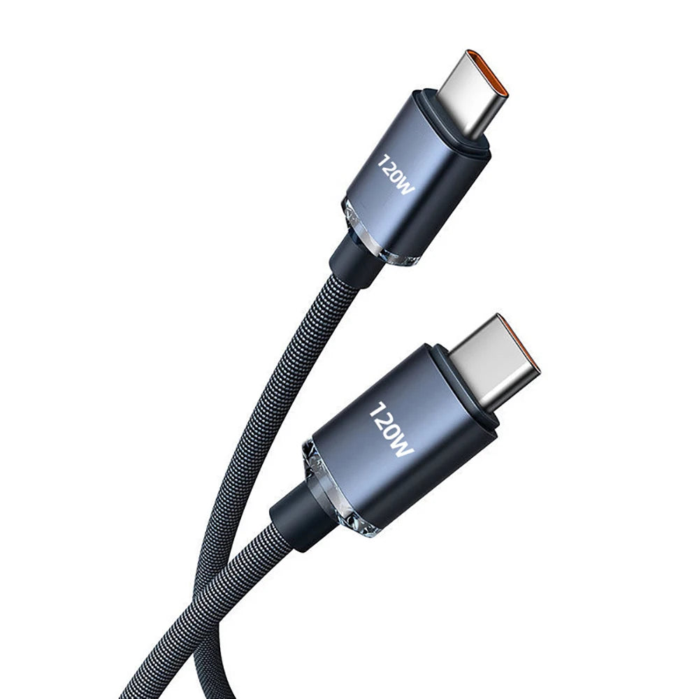 A close-up view of a black braided nylon 120W USB-C to USB-C fast charging cable with metal connectors.