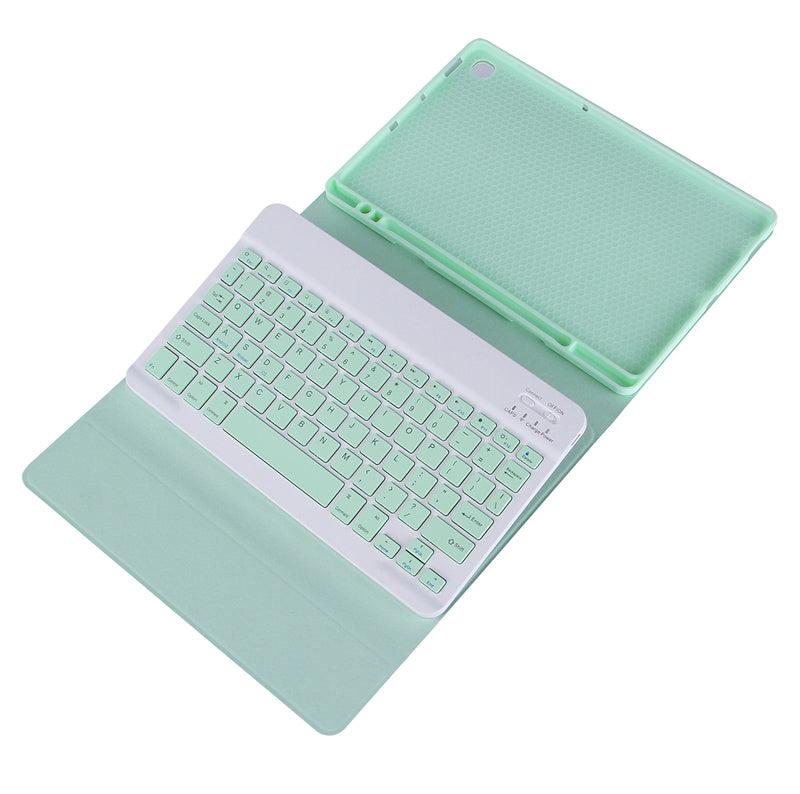 A light mint green leather keyboard case with a detachable Bluetooth keyboard for an iPad.