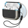 A black and silver magnetic case holding white AirPods Pro earbuds, connected by a black cable.