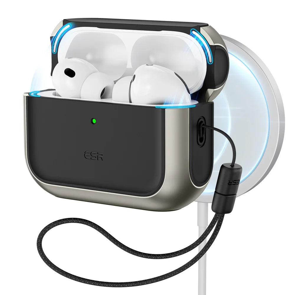 A black and silver magnetic case holding white AirPods Pro earbuds, connected by a black cable.