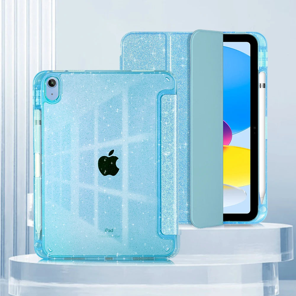 A light blue glittery protective stand cover for an iPad, shown with the screen visible.