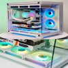 صندوق حاسوب شفاف يعرض بطاقة رسومات GeForce RTX مع مراوح زرقاء و RGB متوهجة.