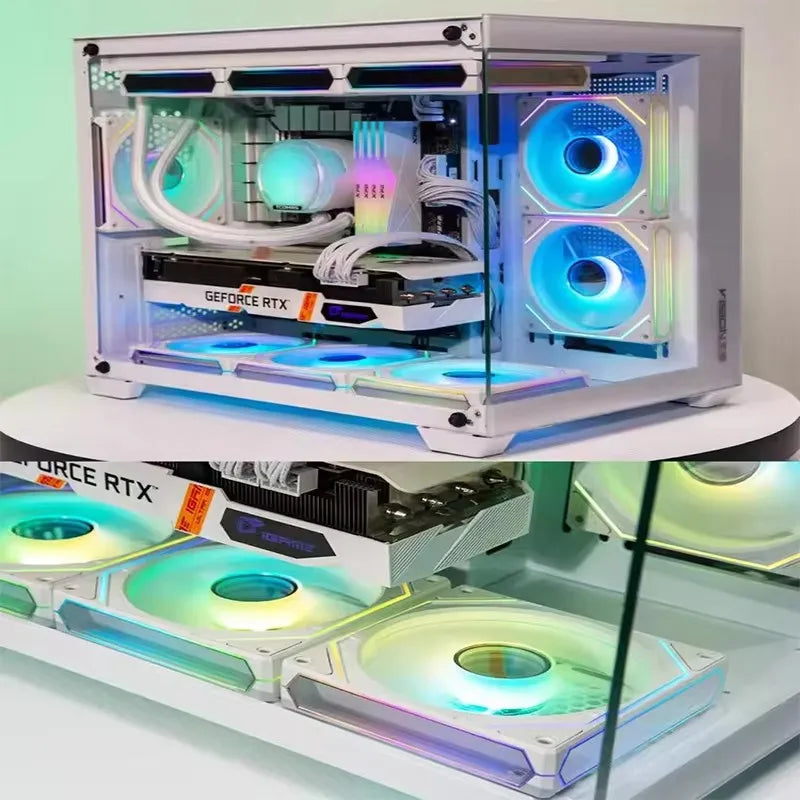صندوق حاسوب شفاف يعرض بطاقة رسومات GeForce RTX مع مراوح زرقاء و RGB متوهجة.