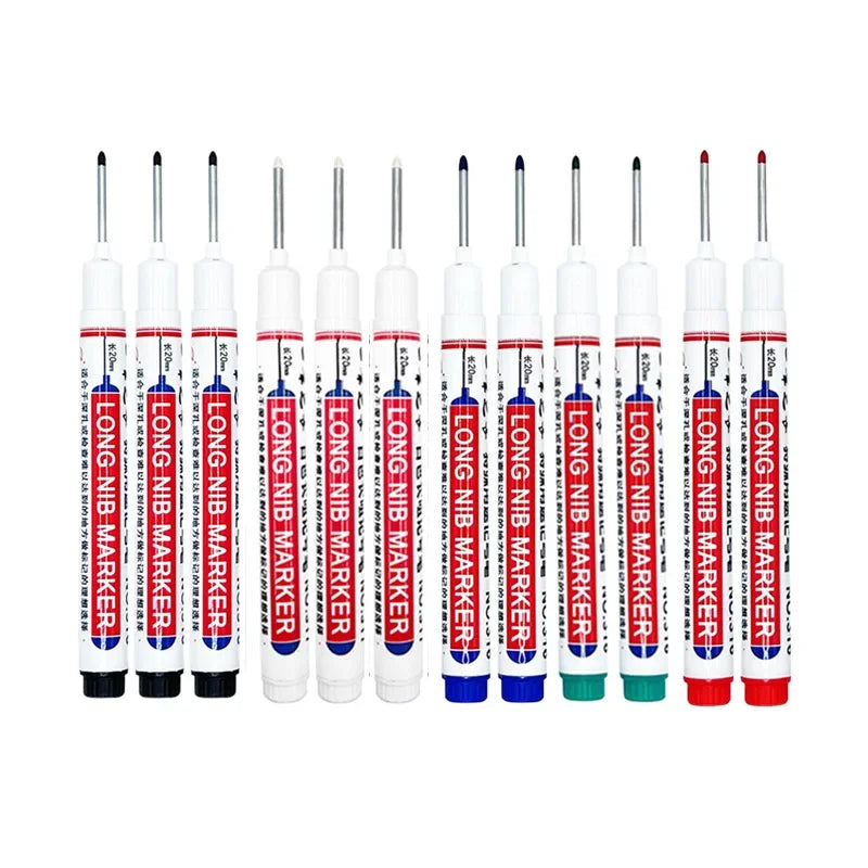 A set of waterproof deep hole marker pens in various colors for metal and woodworking.