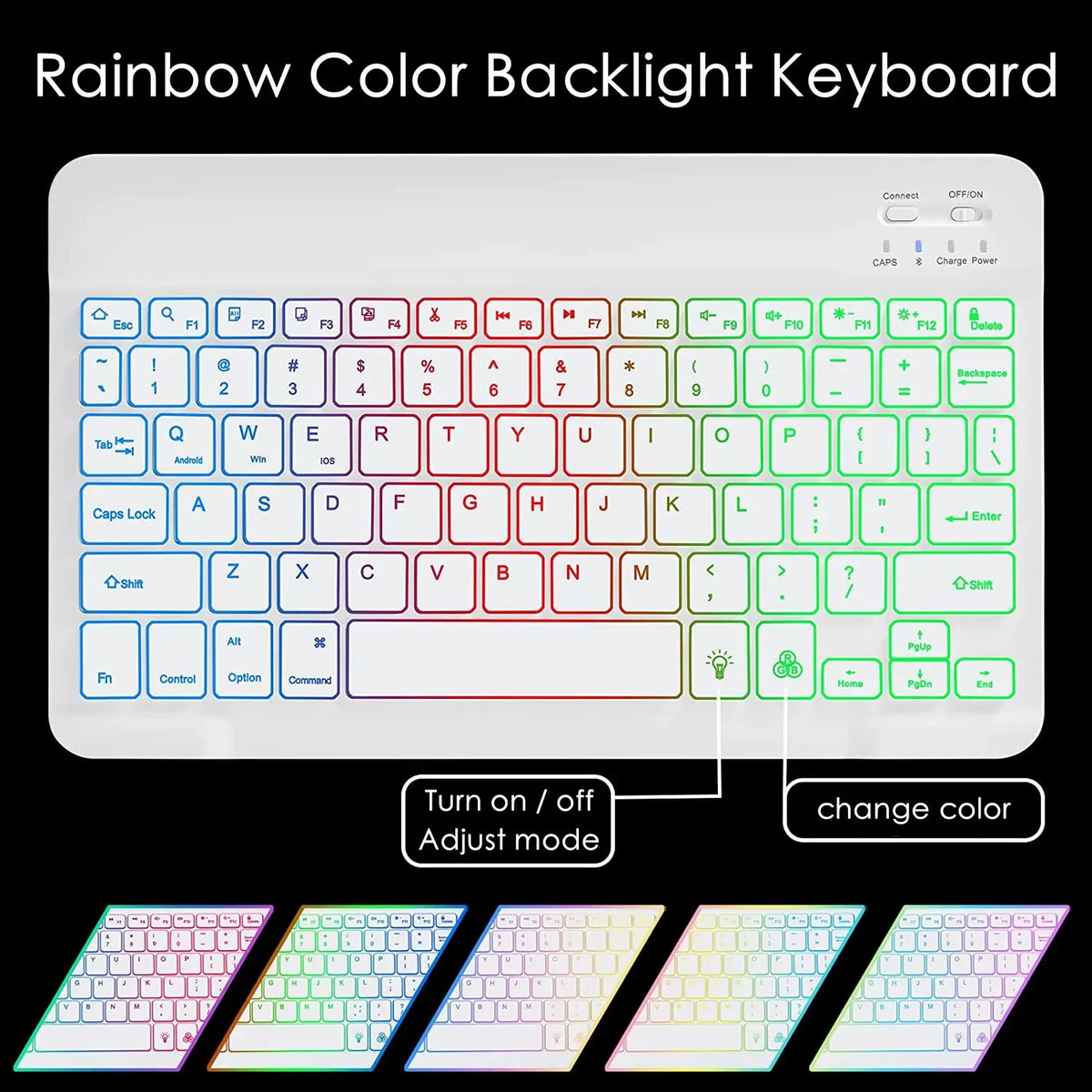 A rainbow color backlit keyboard case for an Honor Pad, showing various color options.