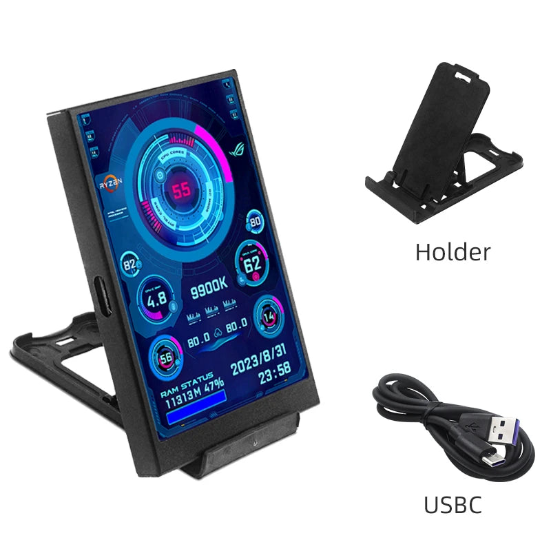 A 3.5-inch USB-C mini secondary monitor displaying PC performance stats, shown with its holder and USB cable.