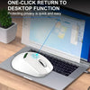 A white wireless mouse is shown on a laptop, with text promoting one-click return to desktop function.