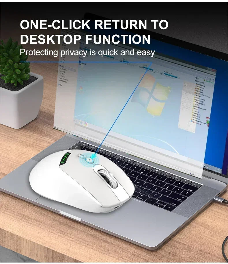 A white wireless mouse is shown on a laptop, with text promoting one-click return to desktop function.
