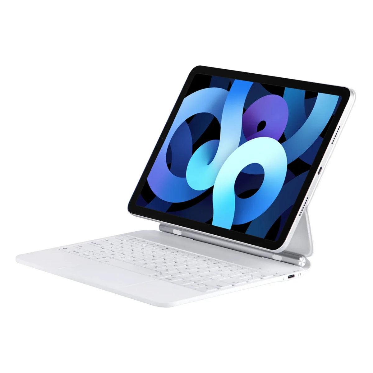 A silver Magic Keyboard case for an iPad is shown with a backlit keyboard.