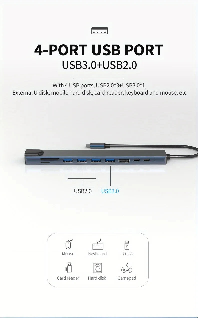 A blue multi-port USB docking hub featuring four ports including USB 2.0 and USB 3.0 connections.