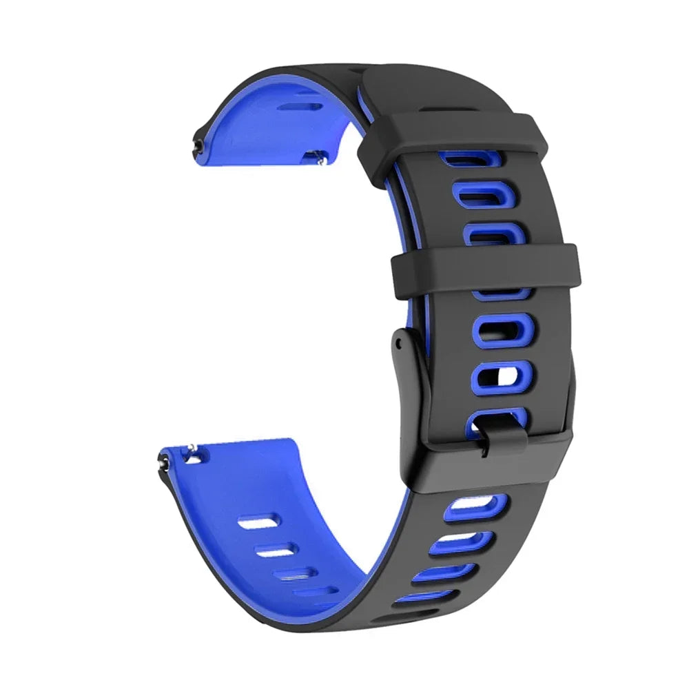 A black silicone watch band with blue accents shown from the side.
