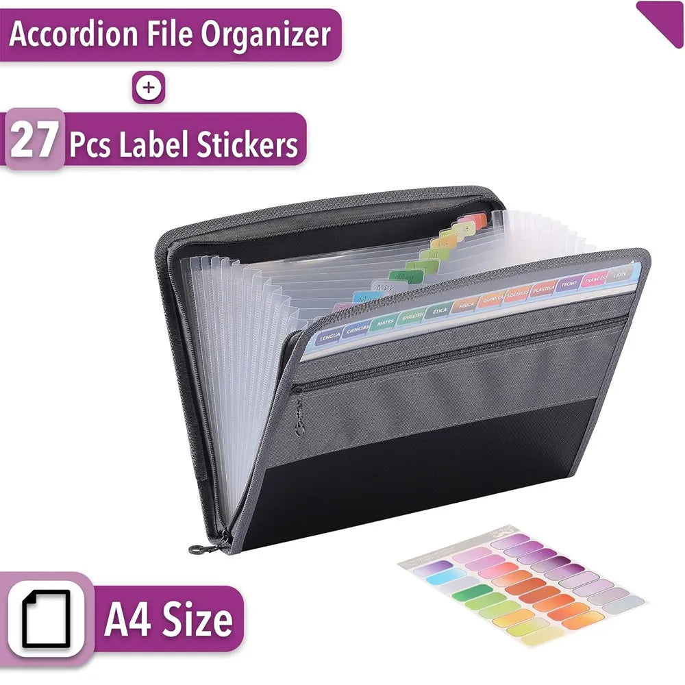 A black accordion file organizer with 27 label stickers and A4 size paper.
