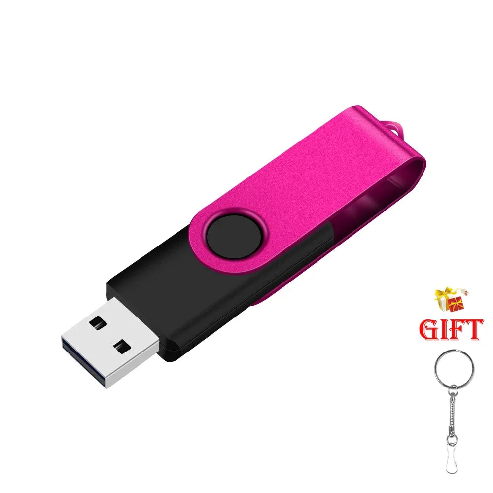 A pink and black high-capacity USB flash drive with a metal keyring attached.