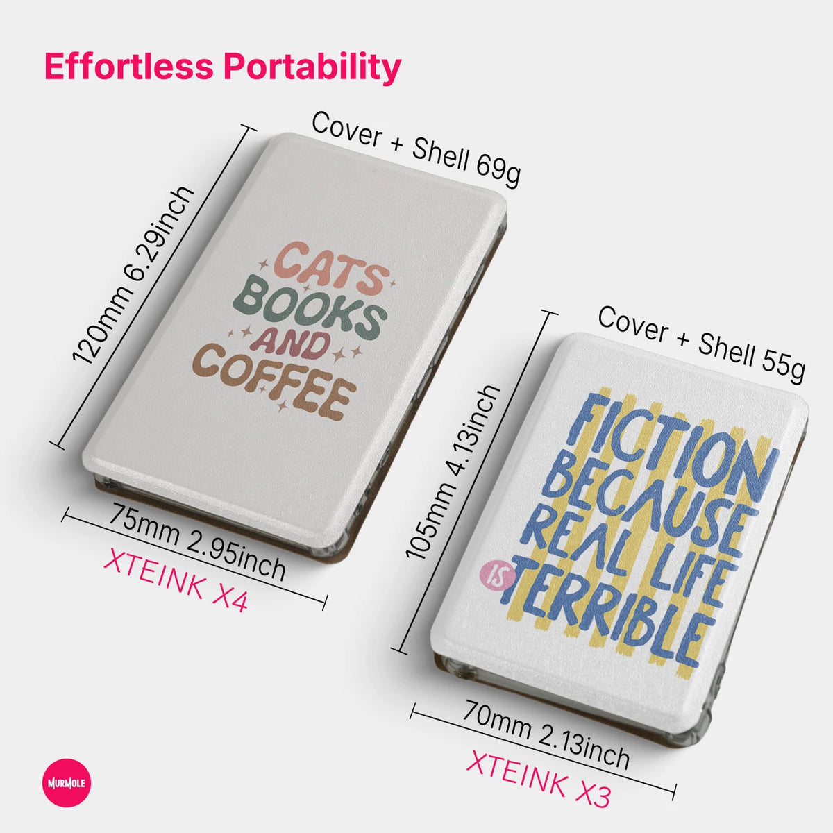 Two magnetic detachable folio covers for XTEINK e-readers, one featuring cats books and coffee, the other fiction because rea
