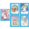 A set of six illustrated pages for a magic water book featuring rainbows, castles, and cute characters.