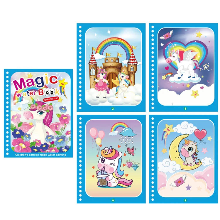 A set of six illustrated pages for a magic water book featuring rainbows, castles, and cute characters.
