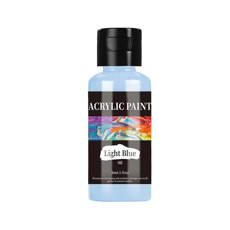 Eine Flasche hellblaue Acrylfarbe für DIY-Projekte mit Stoff und Leder.