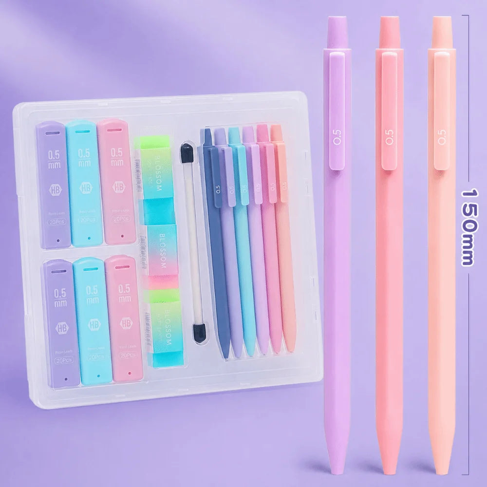 A set of Morandi mechanical pencils in various colors and lengths with refills and erasers displayed in a clear plastic case.