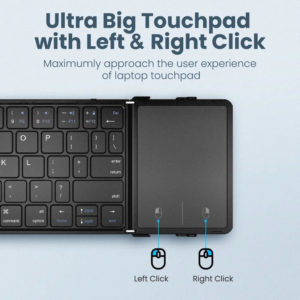 A black foldable Bluetooth keyboard with a touchpad showing left and right click buttons.