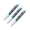 A set of white permanent paint marker pens with black and cyan text markings.