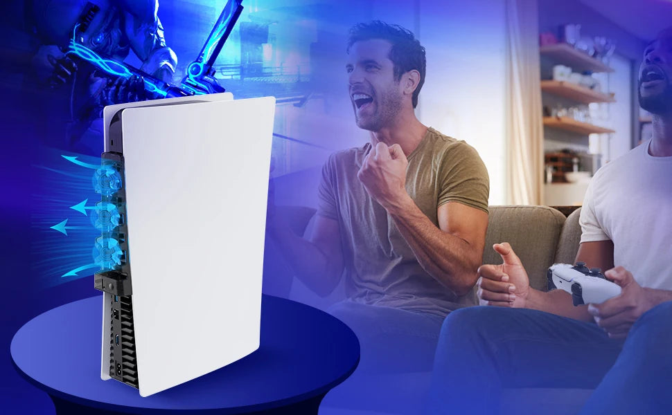 A person is playing a video game while a PS5 cooling fan with an LED light is visible on a table.