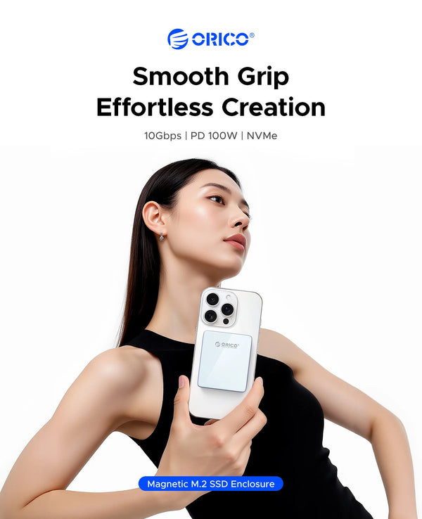 A woman is holding an Orico smooth grip NVMe SSD enclosure, demonstrating its design for effortless creation.