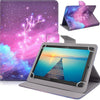 A purple and pink galaxy-themed leather folio case protecting a tablet device.