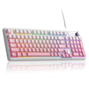 A close-up view of a pink and white membrane keyboard with RGB backlighting and a detachable cable.