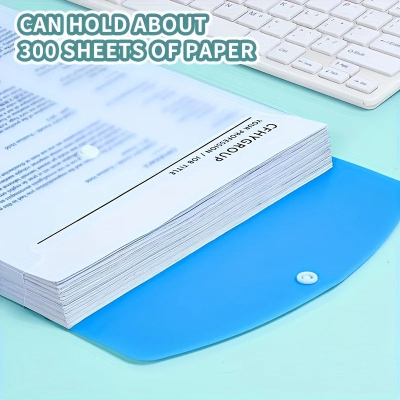 A blue A4 expanding file pocket holding many sheets of paper next to a keyboard.