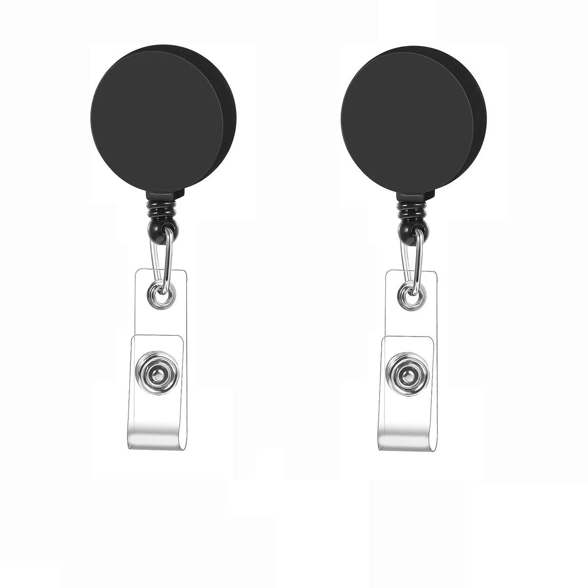 A set of five black retractable badge reels with crocodile clips.
