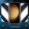 Three smartphone screens displaying a positive perspective angle for dual privacy screen protectors.