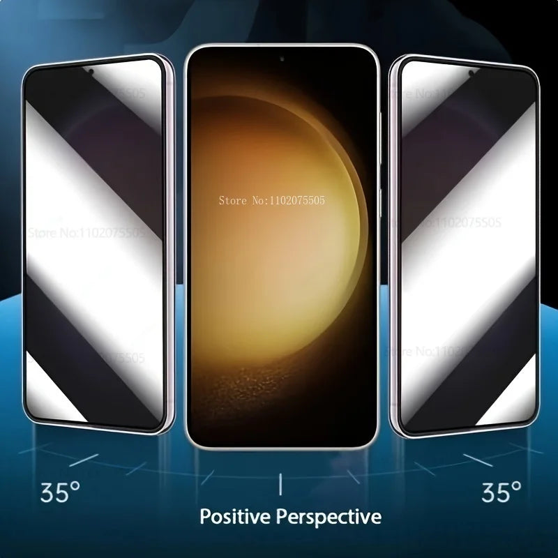 Three smartphone screens displaying a positive perspective angle for dual privacy screen protectors.