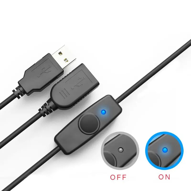 كابل تمديد USB أسود مع مفتاح للتحكم في الطاقة، يوضح وضع الإيقاف والتشغيل.