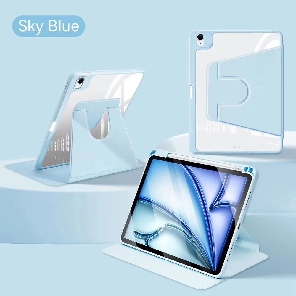 A white 360° rotating protective case for an iPad is shown alongside a smartphone in a sky blue background.