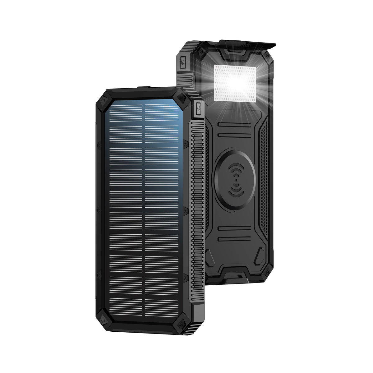 A black solar power bank with a built-in LED flashlight and wireless charging feature.