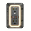 A gray power strip with a glowing white frame featuring multiple USB charging ports and standard outlets.