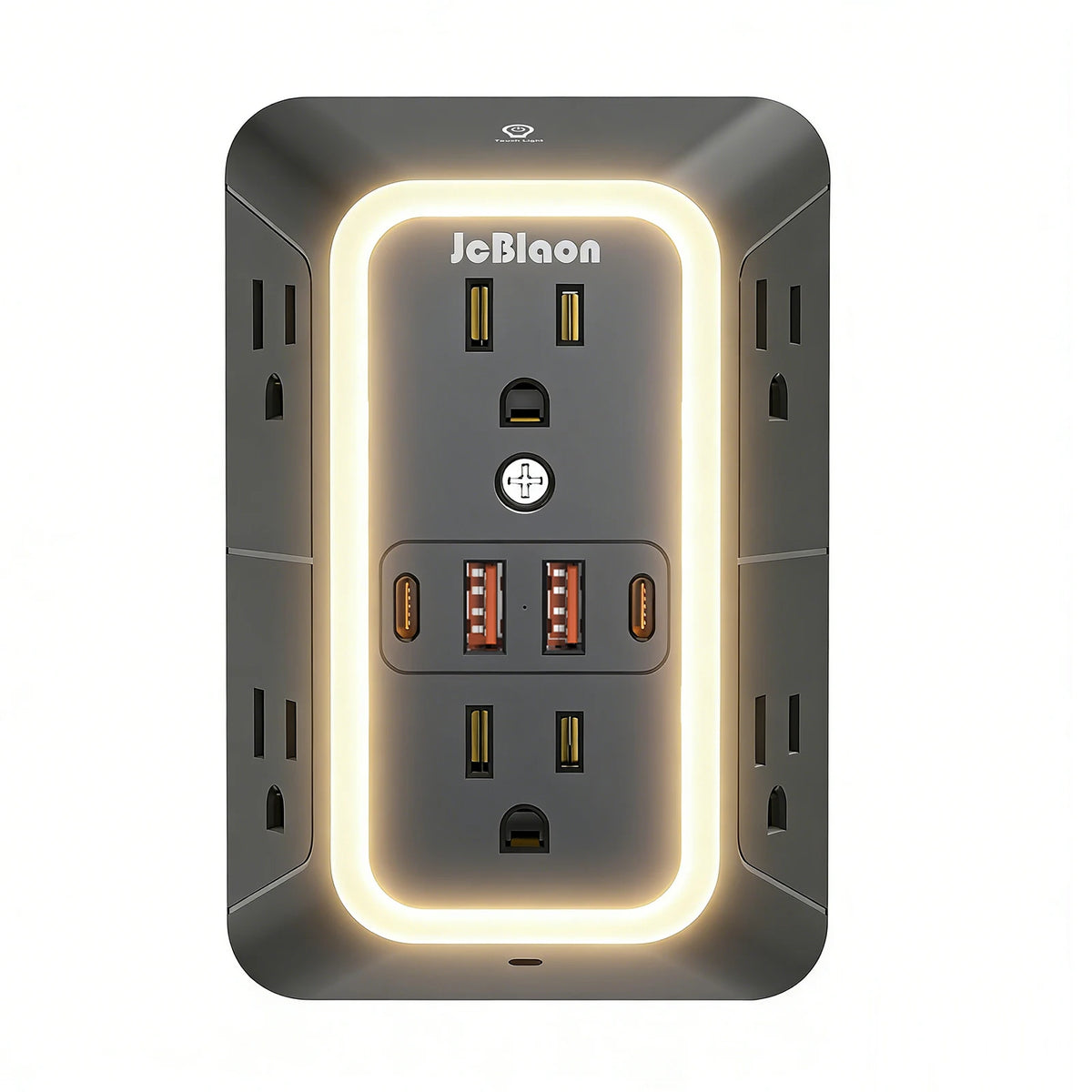 A gray power strip with a glowing white frame featuring multiple USB charging ports and standard outlets.