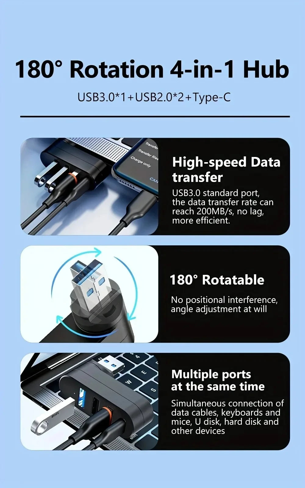 موزع (هاب) موحد 4 في 1، يدعم منافذ USB 3.0 و USB 2.0 و Type-C لتوصيل أجهزة متعددة.
