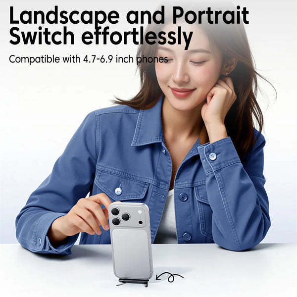 A woman is using a landscape and portrait switch adapter for her phone, demonstrating its use.