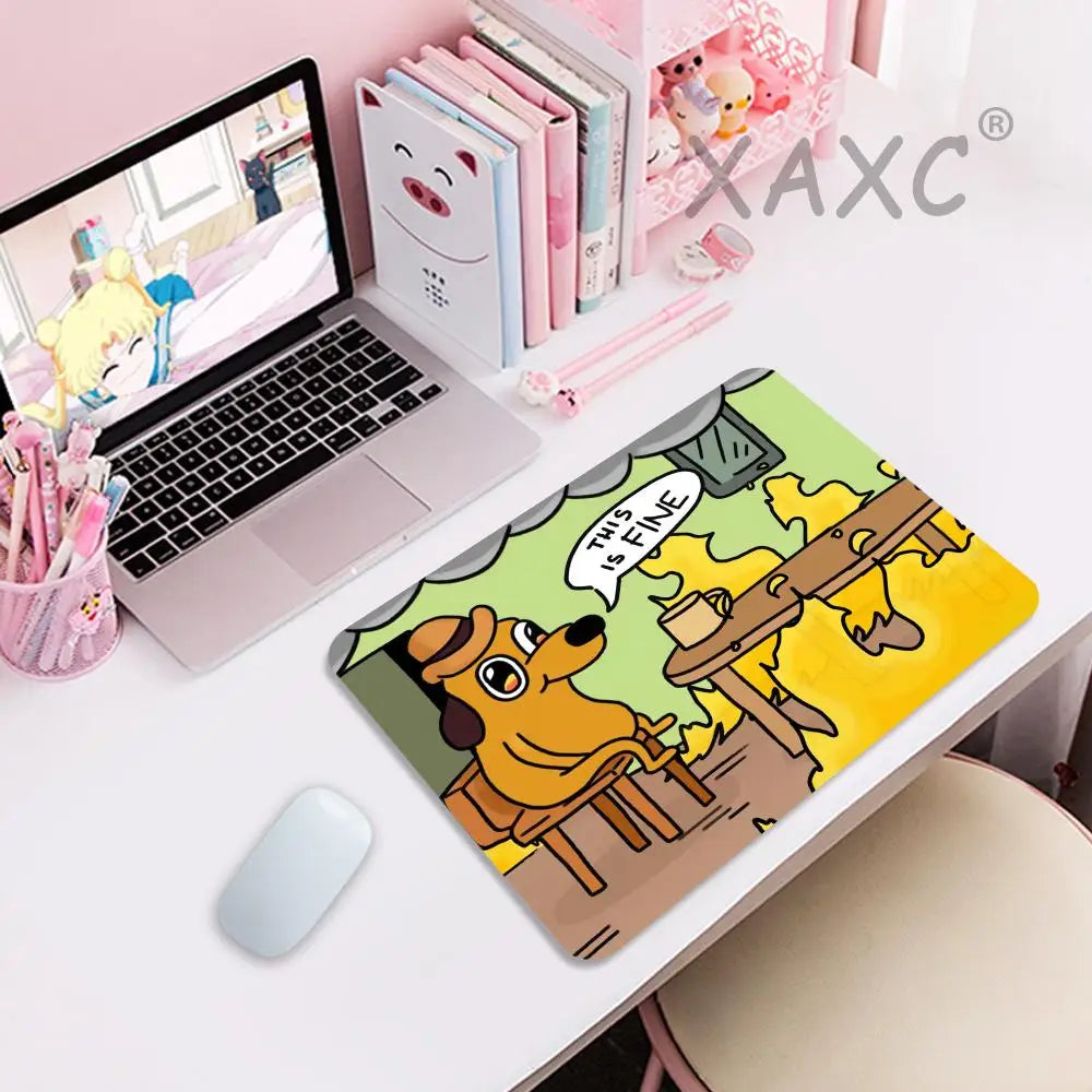 A cute dog illustration gaming mouse pad featuring a dog sitting in a chair with the text This Is Fine